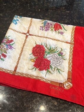 Vintage Gucci Floral Red Border 100% Cotton Scarf EUC